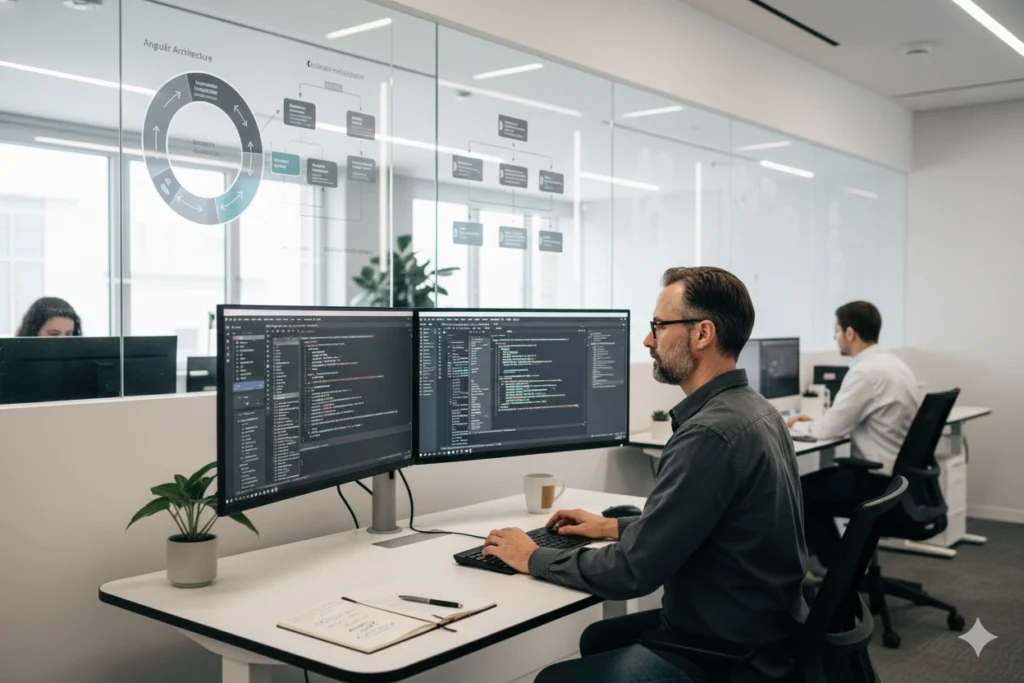 Senior Angular Developer Interview Questions visual showing developer reviewing Angular code and architecture.